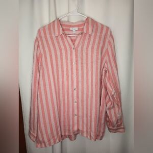 J Jill Love Linen Button Up Top Large Pink Stripe Coastal Grandmother Beach NWT